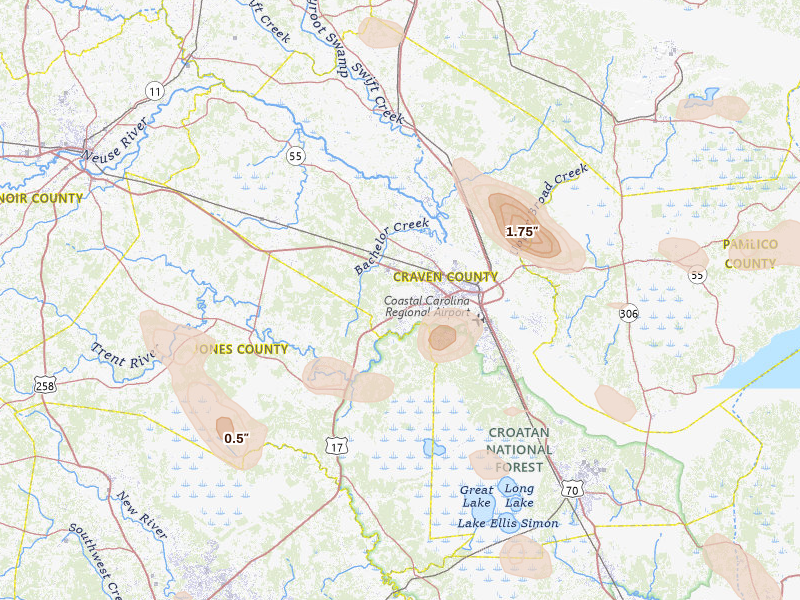 Radar-estimated hail-size map of the storm over New Bern, NC on Jul 8, 2026