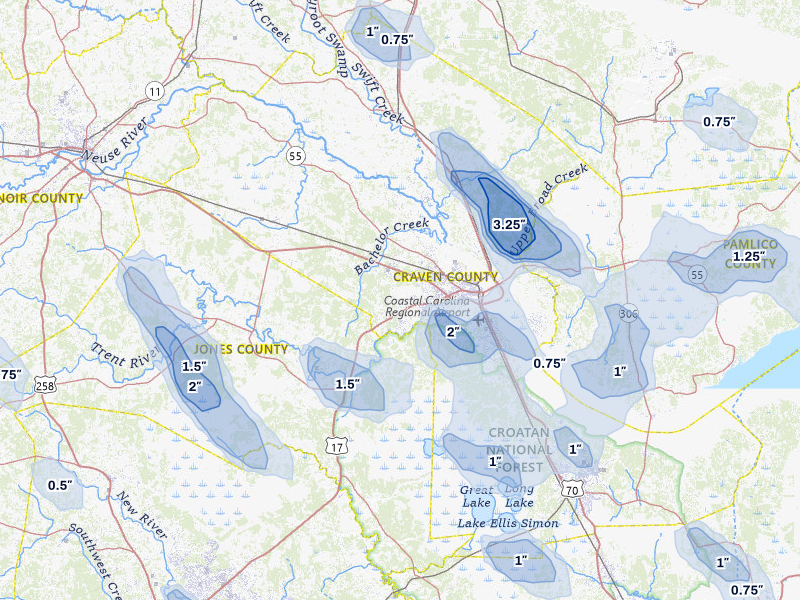 NEXRAD radar-signature map of the hail storm over New Bern, NC on Jul 8, 2026