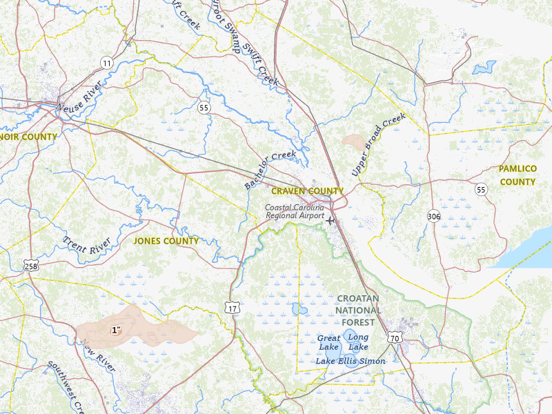 Radar-estimated hail-size map of the storm over New Bern, NC on Jul 10, 2026