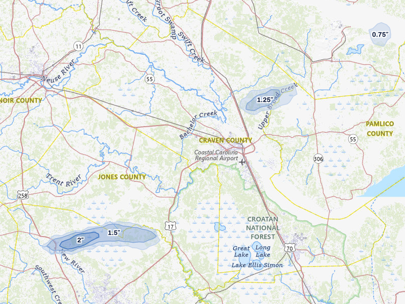 NEXRAD radar-signature map of the hail storm over New Bern, NC on Jul 10, 2026