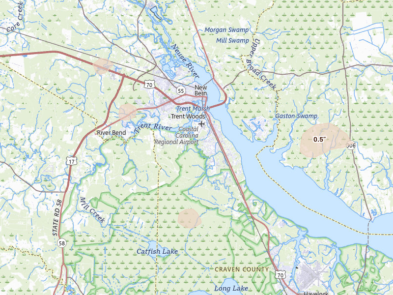 Radar-estimated hail-size map of the storm over New Bern, NC on Aug 10, 2026