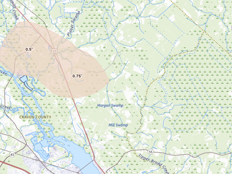 Radar-estimated hail-size map of the storm over New Bern, NC on Aug 20, 2026