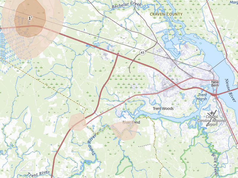 Radar-estimated hail-size map of the storm over New Bern, NC on Aug 21, 2026