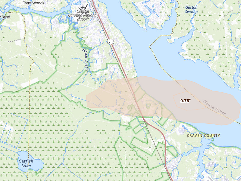 Radar-estimated hail-size map of the storm over New Bern, NC on Aug 24, 2026