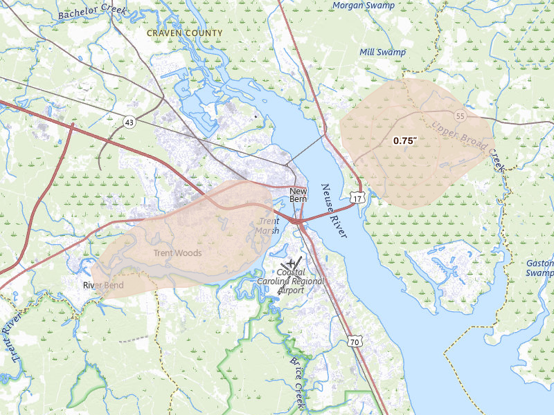 Radar-estimated hail-size map of the storm over New Bern, NC on Sep 2, 2026