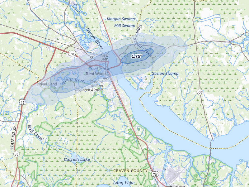 NEXRAD radar-signature map of the hail storm over New Bern, NC on Sep 2, 2026