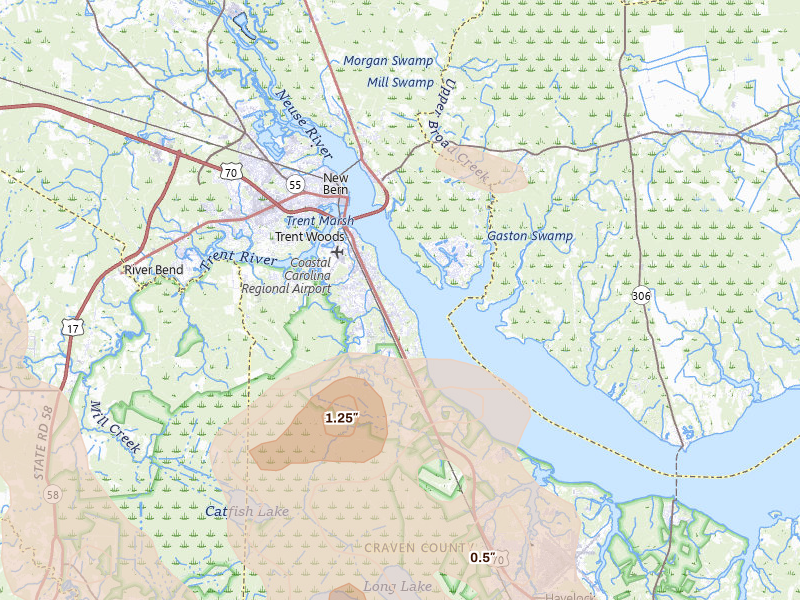 Radar-estimated hail-size map of the storm over New Bern, NC