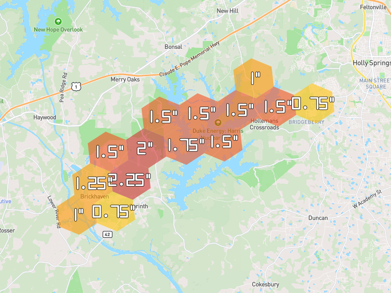 Hail map of New Hill, NC on Jul 8, 2026, hail up to 2.25"
