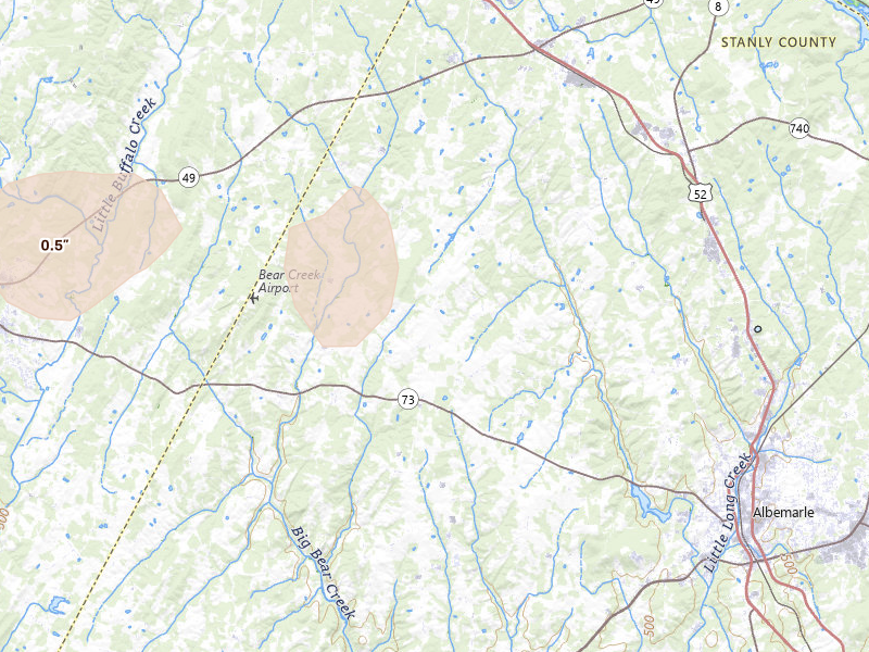 Radar-estimated hail-size map of the storm over New London, NC on Jul 20, 2026