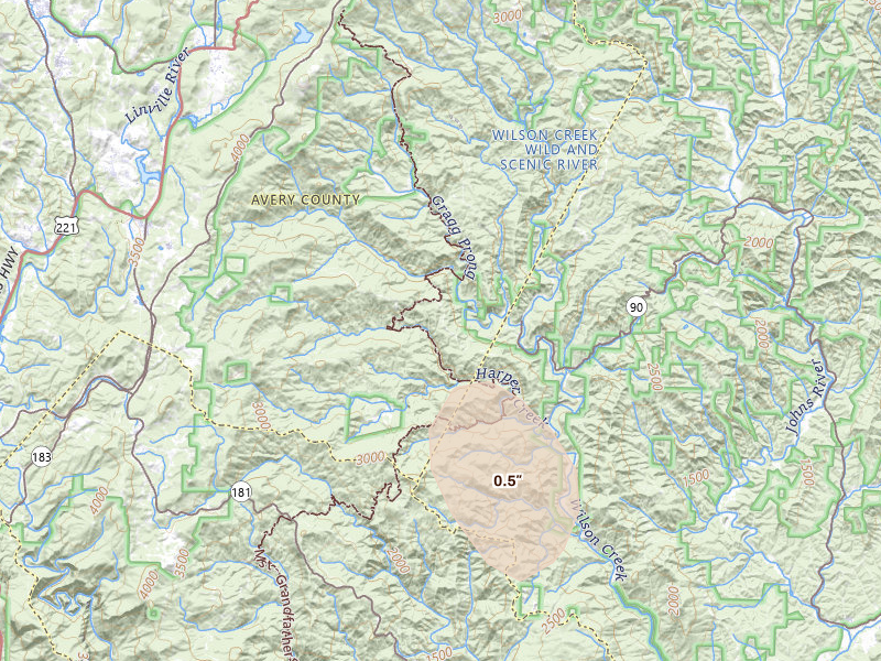 Radar-estimated hail-size map of the storm over Newland, NC on Jul 20, 2026
