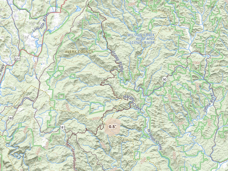 Radar-estimated hail-size map of the storm over Newland, NC