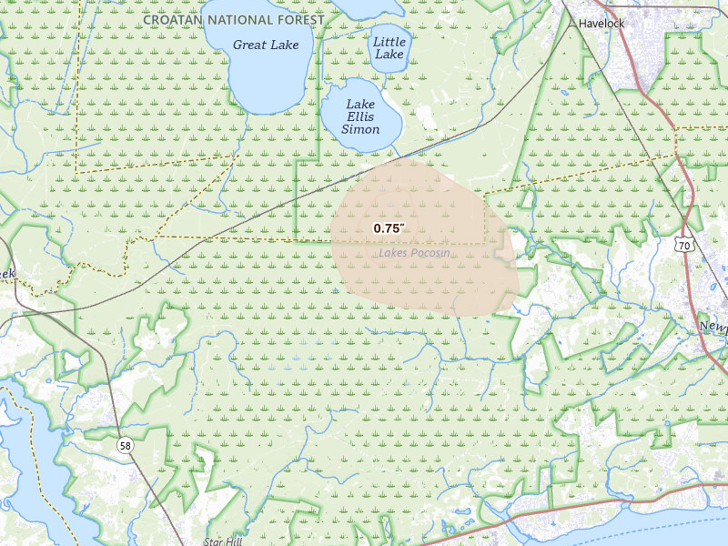 Radar-estimated hail-size map of the storm over Newport, NC on Jul 8, 2026