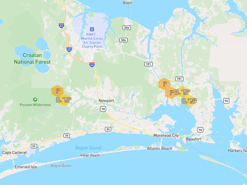 Hail map of Newport, NC on Jul 8, 2026, hail up to 1"