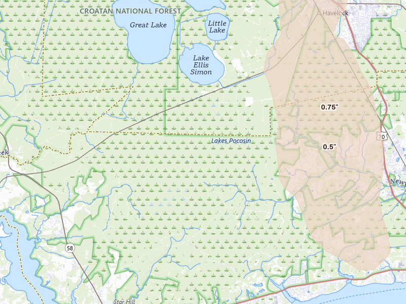 Radar-estimated hail-size map of the storm over Newport, NC on Jul 27, 2026