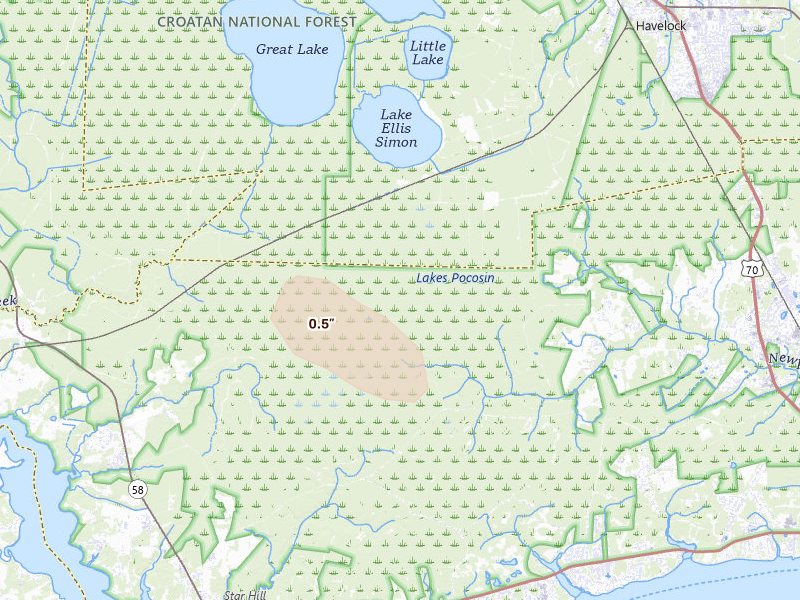 Radar-estimated hail-size map of the storm over Newport, NC on Aug 15, 2026