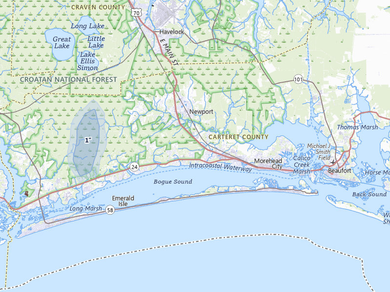 NEXRAD radar-signature map of the hail storm over Newport, NC on Aug 15, 2026