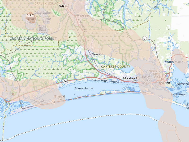 Radar-estimated hail-size map of the storm over Newport, NC