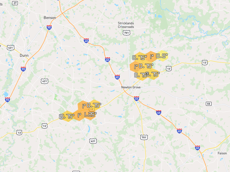 Hail map of Newton Grove, NC on Jul 8, 2026, hail up to 1.25"