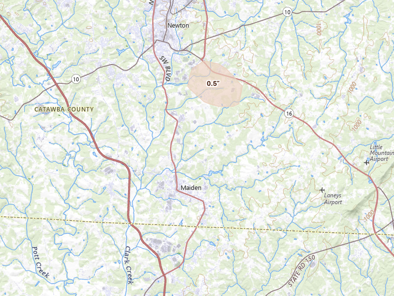 Radar-estimated hail-size map of the storm over Newton, NC on Jun 1, 2026