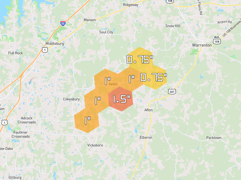 Hail map of Norlina, NC on Jul 7, 2026, hail up to 1.5"