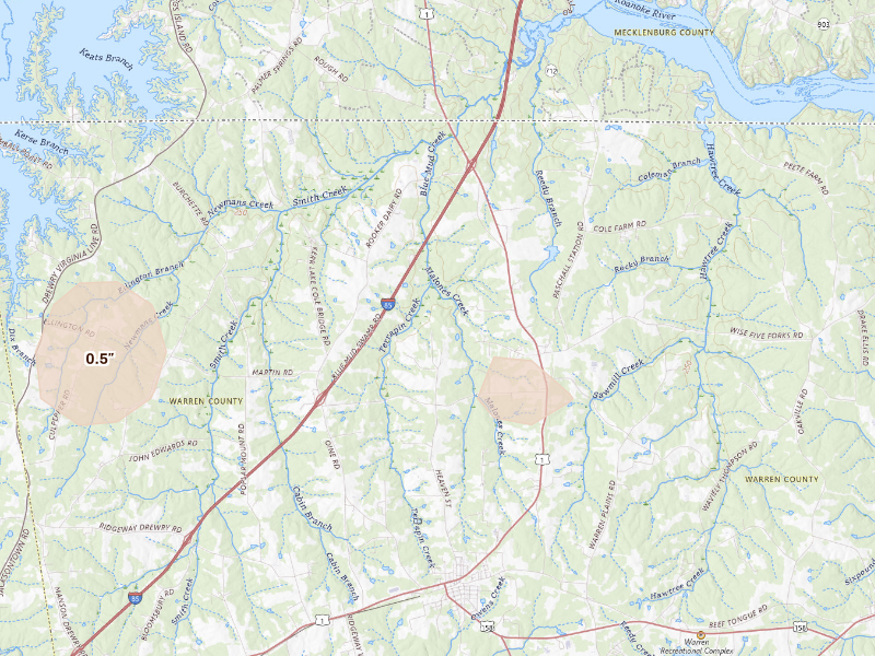Radar-estimated hail-size map of the storm over Norlina, NC