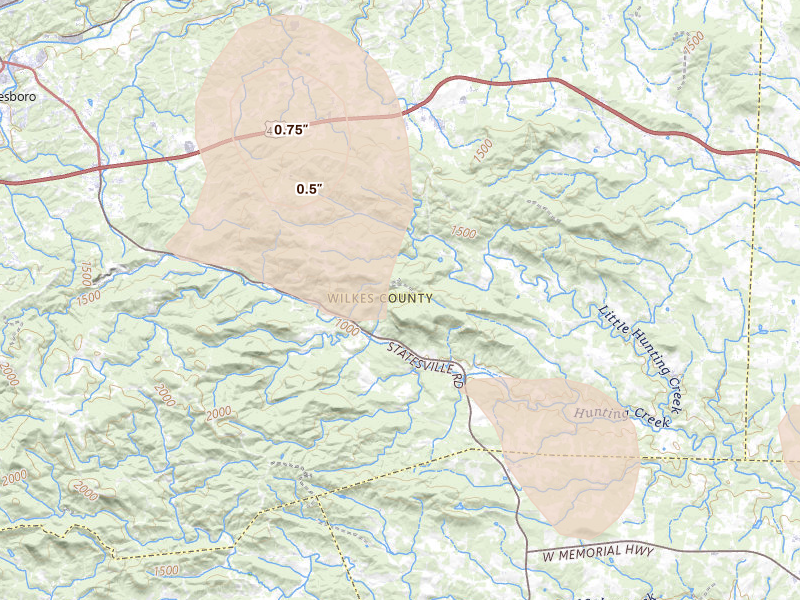Radar-estimated hail-size map of the storm over North Wilkesboro, NC on Aug 11, 2026