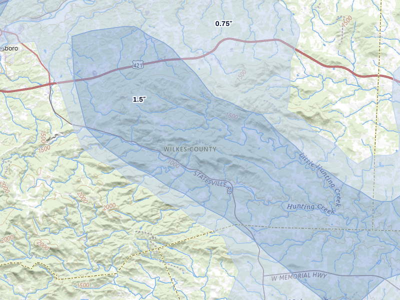 NEXRAD radar-signature map of the hail storm over North Wilkesboro, NC on Aug 11, 2026