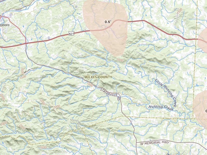Radar-estimated hail-size map of the storm over North Wilkesboro, NC on Sep 5, 2026