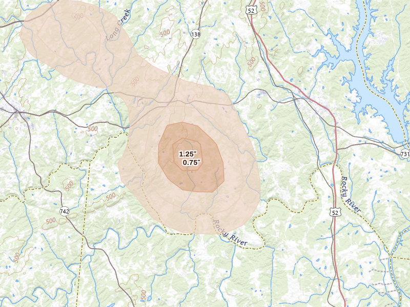 Radar-estimated hail-size map of the storm over Norwood, NC on Aug 11, 2026