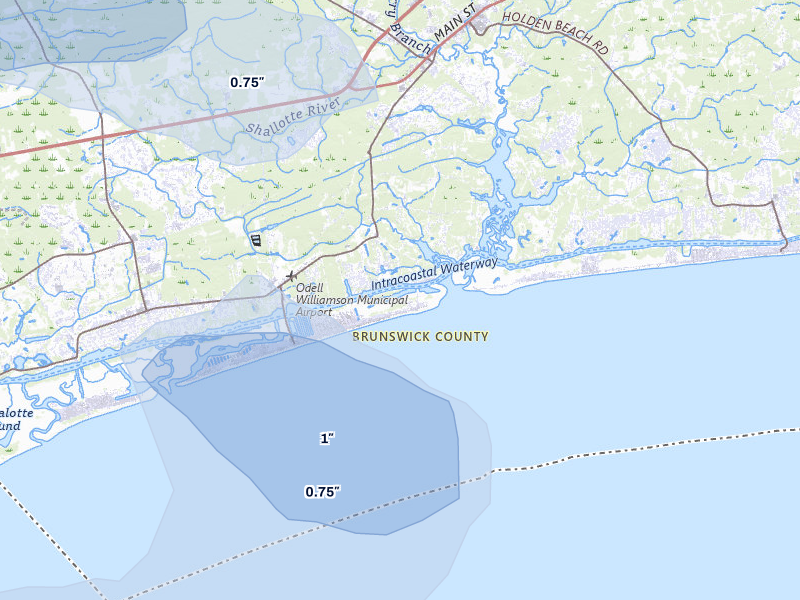 NEXRAD radar-signature map of the hail storm over Ocean Isle Beach, NC on Jul 11, 2026