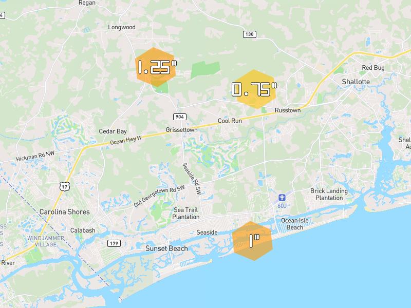 Hail map of Ocean Isle Beach, NC on Jul 11, 2026, hail up to 1.25"