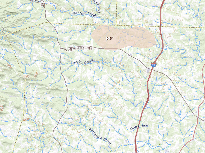 Radar-estimated hail-size map of the storm over Olin, NC on May 27, 2026