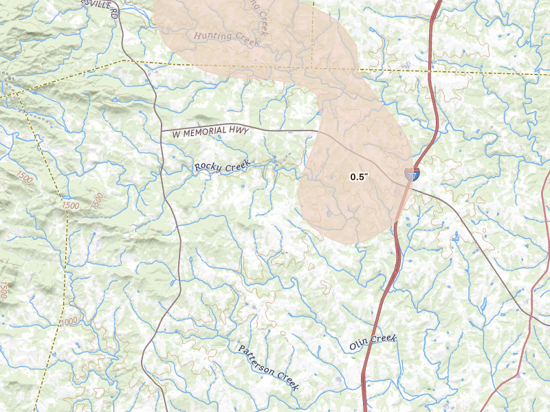 Radar-estimated hail-size map of the storm over Olin, NC on Aug 17, 2026