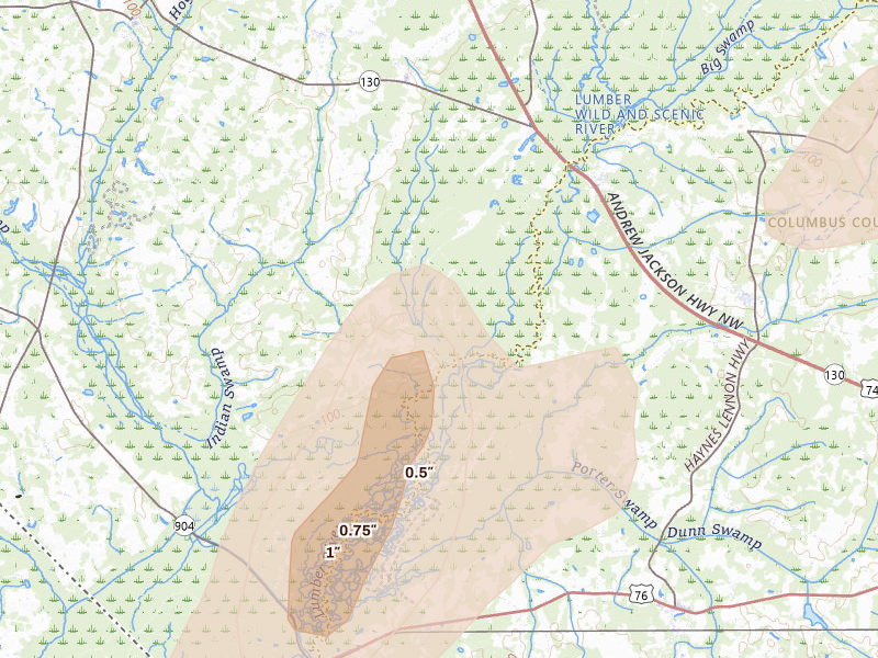 Radar-estimated hail-size map of the storm over Orrum, NC on Jul 5, 2026