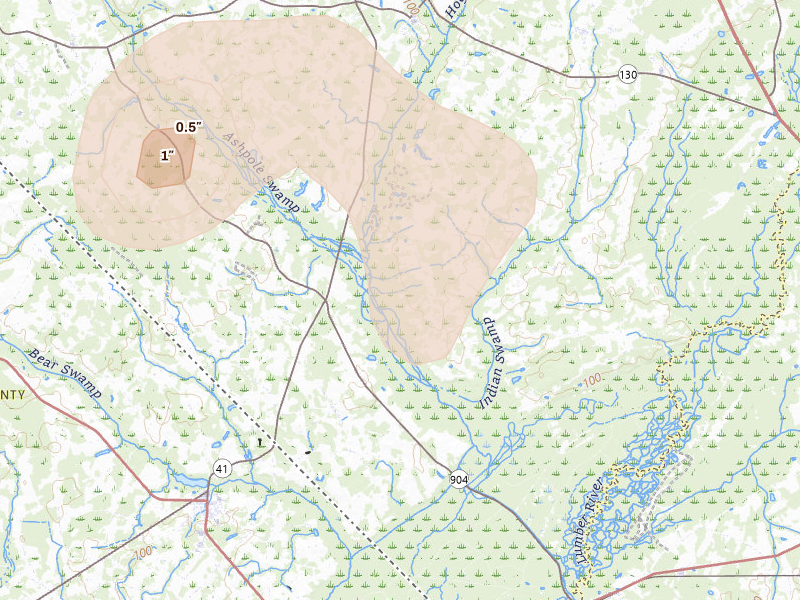 Radar-estimated hail-size map of the storm over Orrum, NC on Aug 21, 2026