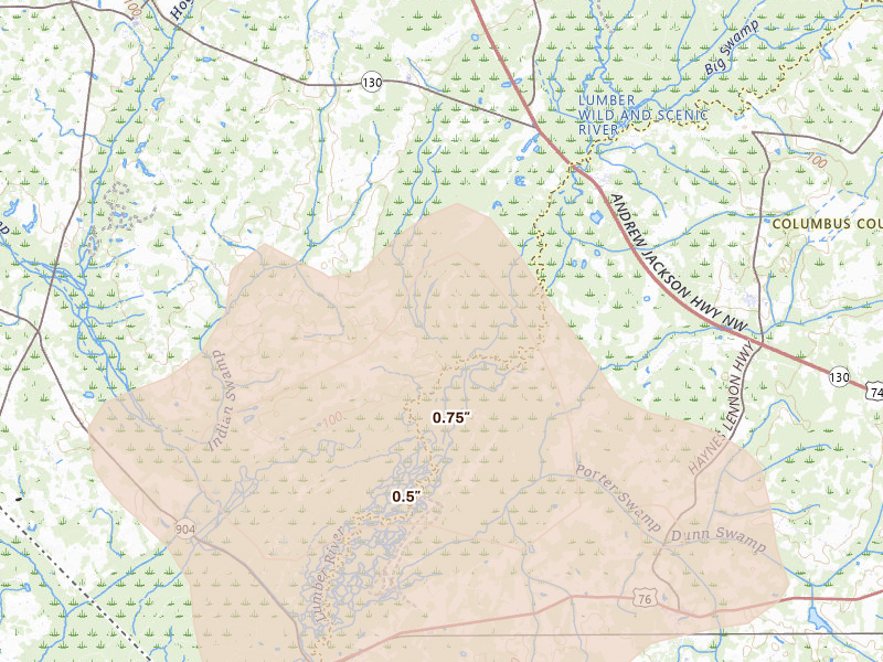 Radar-estimated hail-size map of the storm over Orrum, NC