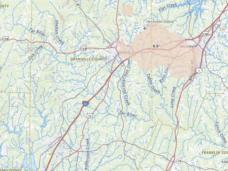 Radar-estimated hail-size map of the storm over Oxford, NC on Apr 29, 2026