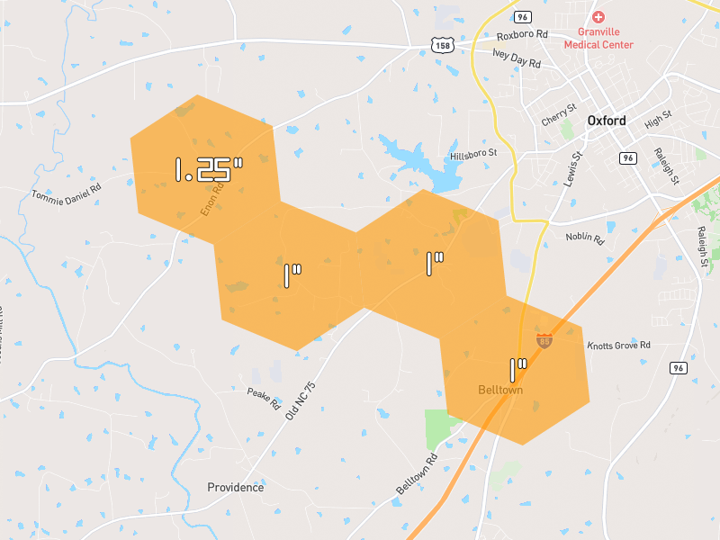 Hail map of Oxford, NC on Jul 6, 2026, hail up to 1.25"