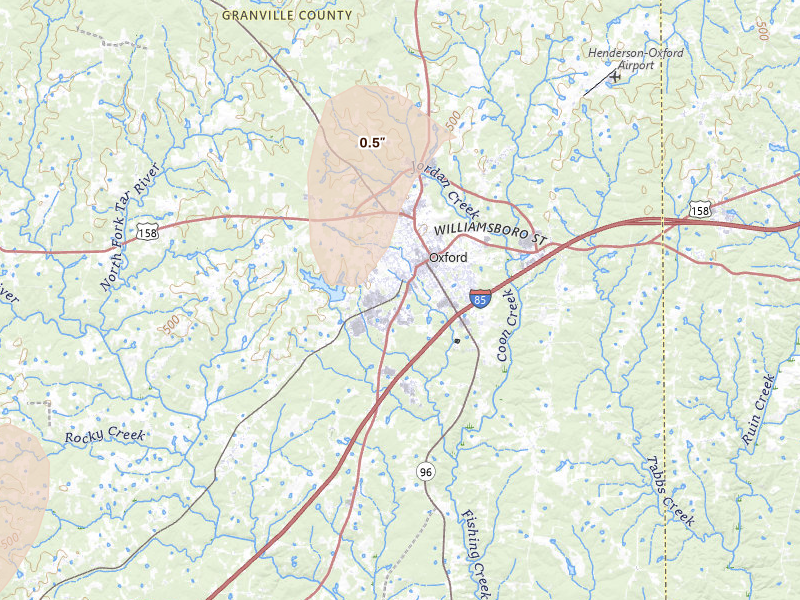 Radar-estimated hail-size map of the storm over Oxford, NC on Aug 6, 2026