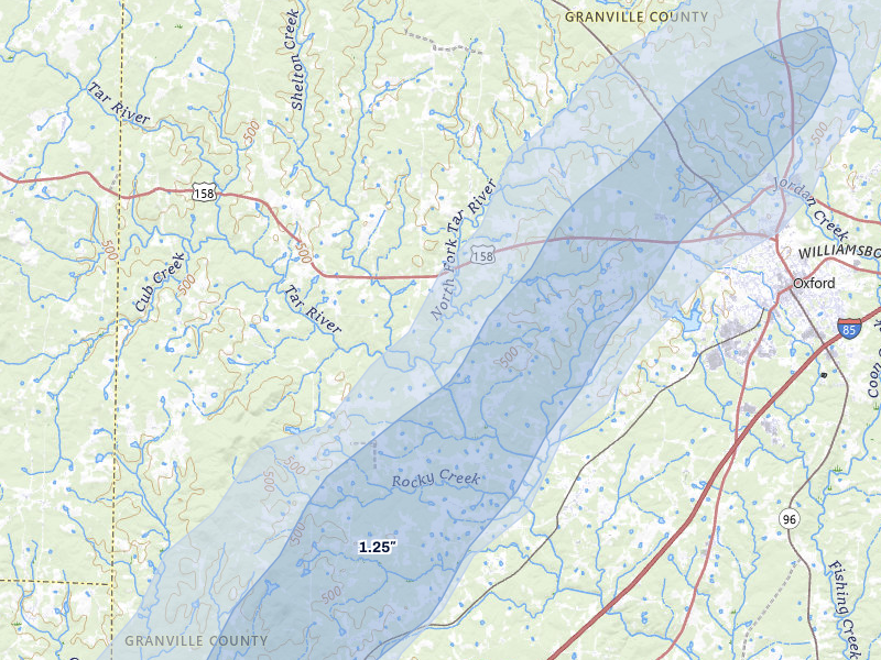 NEXRAD radar-signature map of the hail storm over Oxford, NC on Aug 6, 2026