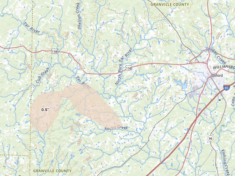 Radar-estimated hail-size map of the storm over Oxford, NC on Aug 14, 2026