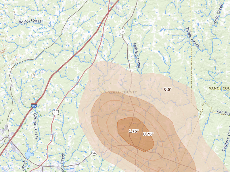 Radar-estimated hail-size map of the storm over Oxford, NC on Sep 5, 2026
