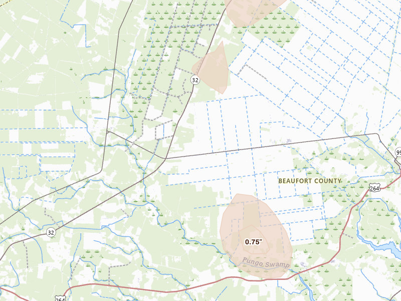 Radar-estimated hail-size map of the storm over Pantego, NC