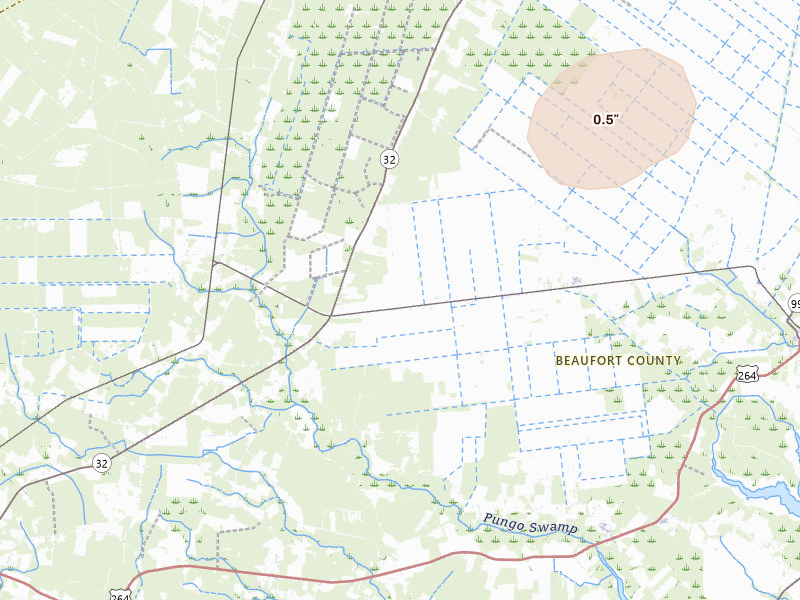 Radar-estimated hail-size map of the storm over Pantego, NC on Jul 6, 2026