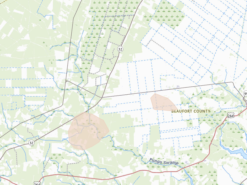 Radar-estimated hail-size map of the storm over Pantego, NC on Jul 7, 2026