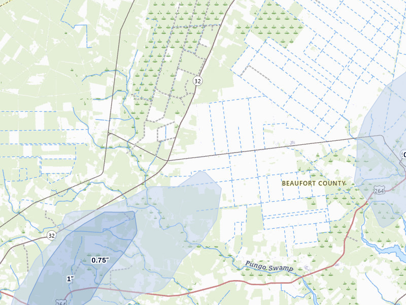 NEXRAD radar-signature map of the hail storm over Pantego, NC on Jul 7, 2026