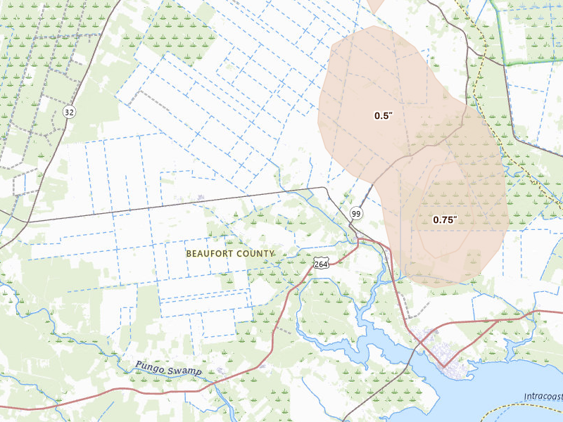 Radar-estimated hail-size map of the storm over Pantego, NC on Aug 20, 2026