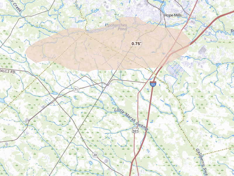 Radar-estimated hail-size map of the storm over Parkton, NC on Aug 23, 2026