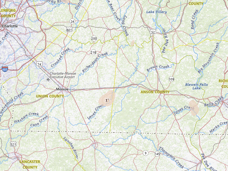 Radar-estimated hail-size map of the storm over Peachland, NC on Jul 6, 2026
