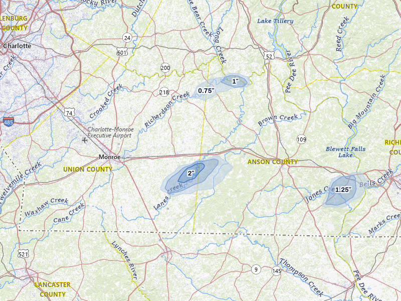 NEXRAD radar-signature map of the hail over Peachland, NC